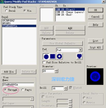 分析文件完成后，點擊菜單Setup→Pad Stacks調(diào)出焊盤堆設置窗口，將Pad Stack Type改為Via